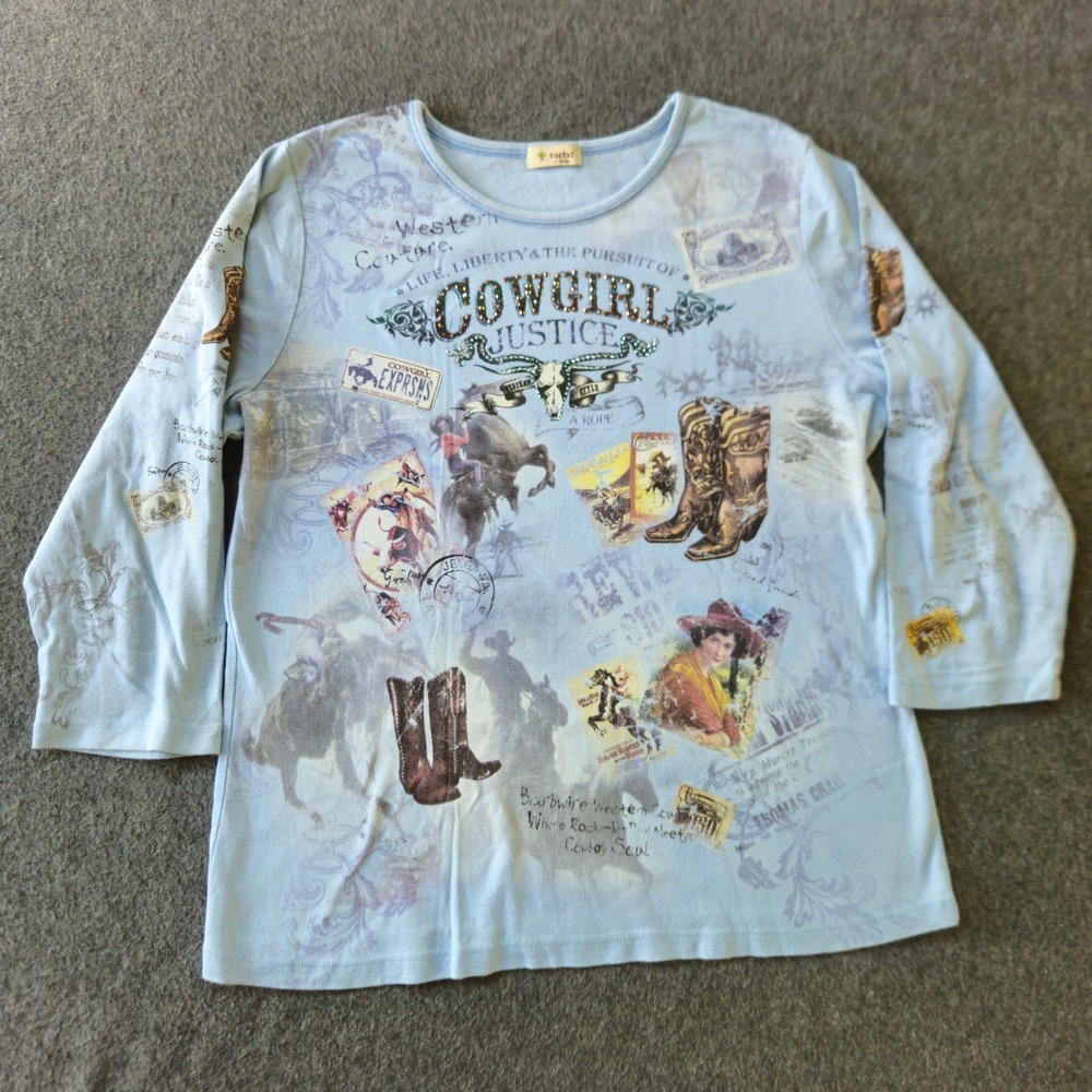 Cactus Cowgirl Justice Top Women XL Blue Rhinestone Graphic 3/4 Sleeve EUC